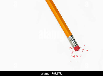 close up of yellow pencil with eraser isolated on white paper Stock Photo