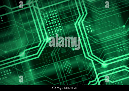 An abstract technological background consisting of a multitude of luminous guiding lines and dots forming a kind of physical motherboard. Green color Stock Photo