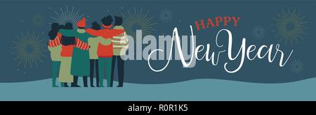 Happy New Year web banner illustration of young people friend group hugging together with fireworks in night sky. Diverse culture friends team celebra Stock Vector