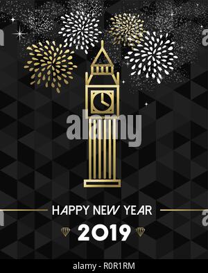 Happy New Year 2019 London greeting card with england monument big ben clock in gold outline style. Stock Vector
