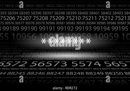 Abstract background image of black space from a set of rows of five-digit white numbers of different sizes and a luminous password stars in the center Stock Photo