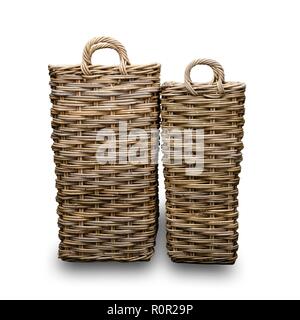 Two wicker baskets, with a white background, and a drop shadow. Stock Photo