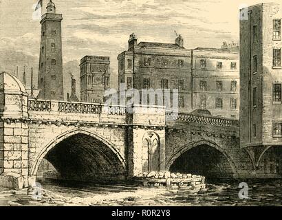 'South End of Old London Bridge, with Shot Tower and St. Olave's Church, in 1820', (c1878). Creator: Unknown. Stock Photo