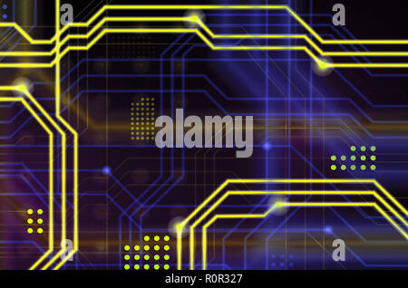 An abstract technological background consisting of a multitude of luminous guiding lines and dots forming a kind of physical motherboard. Yellow and b Stock Photo