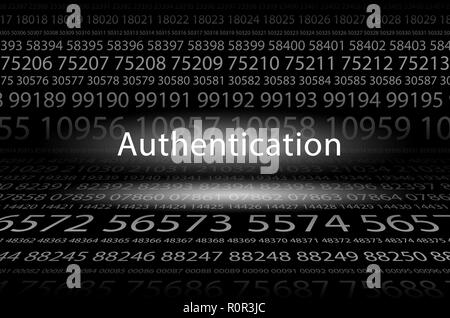 Abstract background image of black space from a set of rows of five-digit white numbers of different sizes and a luminous inscription in the center. A Stock Photo