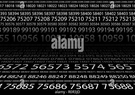 Abstract background image of black space from a set of rows of five-digit white numbers of different sizes. The concept of brute force for cracking pa Stock Photo