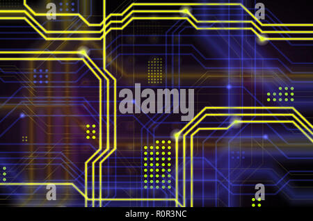 An abstract technological background consisting of a multitude of luminous guiding lines and dots forming a kind of physical motherboard. Yellow and b Stock Photo