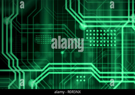 An abstract technological background consisting of a multitude of luminous guiding lines and dots forming a kind of physical motherboard. Green color Stock Photo