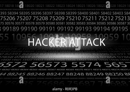 Abstract background image of black space from a set of rows of five-digit white numbers of different sizes and a luminous inscription in the center. H Stock Photo