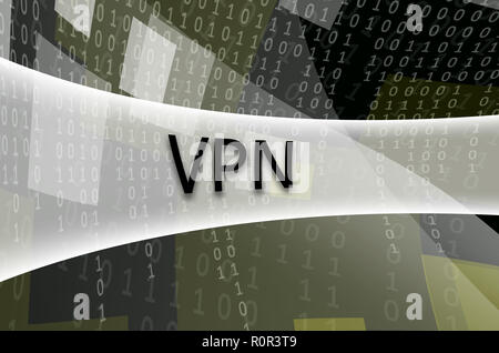 The text inscription VPN is written on a semitransparent field surrounded by a set of abstract figures Stock Photo