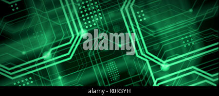 An abstract technological background consisting of a multitude of luminous guiding lines and dots forming a kind of physical motherboard. Green color Stock Photo