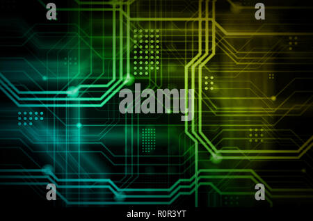 An abstract technological background consisting of a multitude of luminous guiding lines and dots forming a kind of physical motherboard. Yellow and g Stock Photo