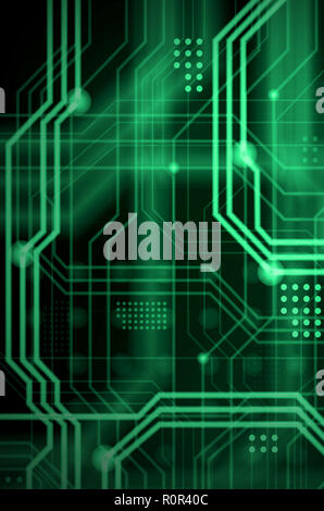 An abstract technological background consisting of a multitude of luminous guiding lines and dots forming a kind of physical motherboard. Green color Stock Photo