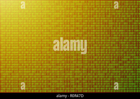 Image of a blurry binary code composed of a set of green numbers on a black background. Toned Stock Photo