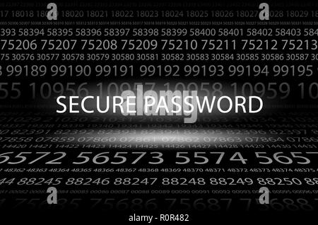 Abstract background image of black space from a set of rows of five-digit white numbers of different sizes and a luminous inscription in the center. S Stock Photo