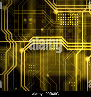 An abstract technological background consisting of a multitude of luminous guiding lines and dots forming a kind of physical motherboard. Yellow color Stock Photo