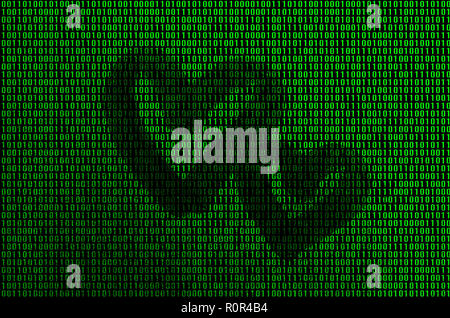 Image of the binary code from bright green figures, through which the shape of the heart is visible Stock Photo