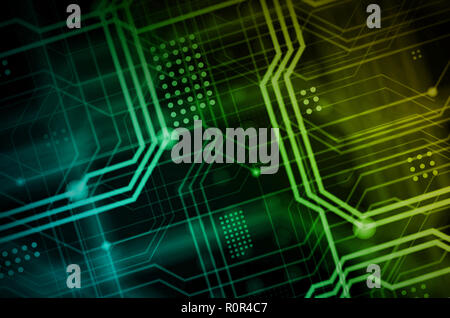 An abstract technological background consisting of a multitude of luminous guiding lines and dots forming a kind of physical motherboard. Yellow and g Stock Photo