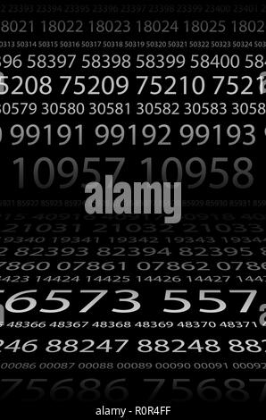 Abstract background image of black space from a set of rows of five-digit white numbers of different sizes. The concept of brute force for cracking pa Stock Photo