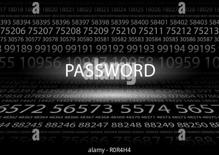 Abstract background image of black space from a set of rows of five-digit white numbers of different sizes and a luminous inscription in the center. P Stock Photo