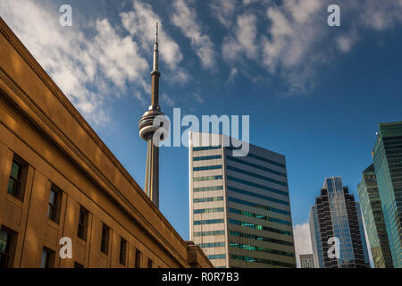 Toronto, CANADA - October 10, 2018:View of the streets of Toronto with The CN Tower, a 553.3 m-high concrete communications and observation tower loca Stock Photo