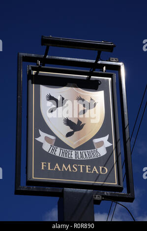 The Three Blackbirds Inn sign, Flamstead, Hertfordshire. Stock Photo