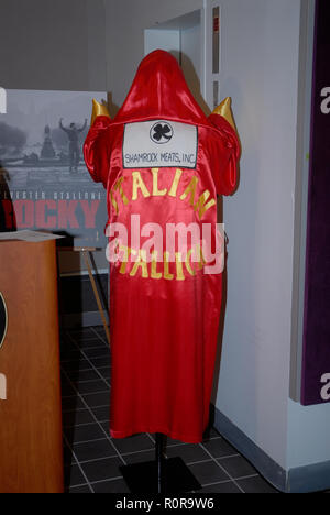 Washington DC. 12-5-2006  Sylvester Stallone donates the boxing memorabilia from the 'Rocky' movies to the Smithsonian Museum of American History. Included is the boxing robe from the 1976 'Rocky' fight with Apollo Creed. The signature black hat and a pair of autographed boxing gloves from 'Rocky II' (1979) and a pair of boxing shorts and shoes from 'Rocky III' (1982). The donated items will be part of the 'Treasures of American History' exhibit at the Smithsonian. Credit: Mark Reinstein Credit: Mark Reinstein/MediaPunch Stock Photo