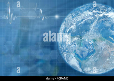 abstract world wide medical with egg and double exposure with ICU room and global, illustration egg and medical symbol for medical concept, this eleme Stock Photo