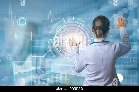 futuristic medical concept, modern doctor touching digital screen to see patient information, illustration touch screen button Stock Photo