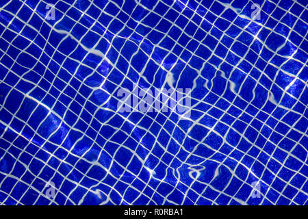 Detail of a symmetric texture deep on a pool made by the structural tiles used to build it and the water refraction of light Stock Photo