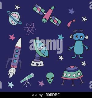 Colorful hand drawn set of space objects and symbols in doodle style. Cartoon vector. Stock Vector