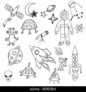 Black and white hand drawn set of space objects and symbols in doodle style. Cartoon vector. Stock Vector