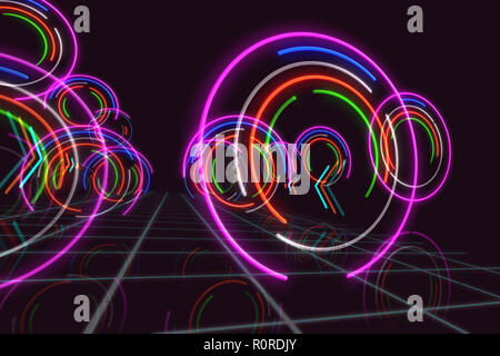 Abstract background with neon light circles in 3D perspective. Futuristic illustration.