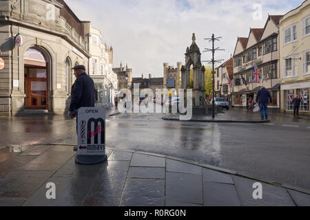 View of Market Place after a rain on high-street in Wells, Somerset, UK Stock Photo