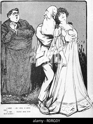 Old cartoon of King Leopold II of Belgium who was having an affair with a much younger woman. The Abbot: Oh! Sire, at your age? The King: Try it for yourself! Stock Photo