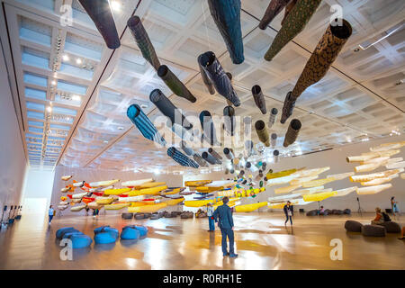 Tokyo, Japan - April 26 2018: Japanese carp windsock displayed at The national Art Center in Roppongi hills Stock Photo