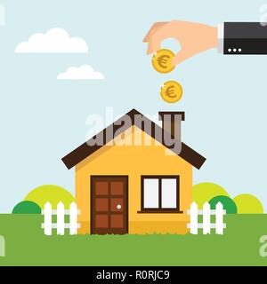 Hand putting coin in house piggy bank. Vector illustration. Stock Vector