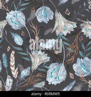 Seamless texture with flowers and crystals isolated on dark grey background for textile and wallpaper design Stock Photo