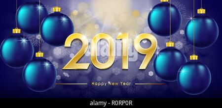 Happy New Year 2019 greeting card. New Year Winter banner with gold text and shiny balls. Sparkling glitter bauble. Vector illustration Stock Vector