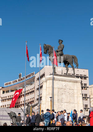 Ankara/Turkey- October 29 2018: People with Turkish flag near 'Statue of Mustafa Kemal Ataturk' in Ulus during 29 October Republic Day celebration of  Stock Photo