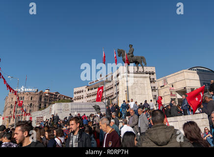 Ankara/Turkey- October 29 2018: People with Turkish flag near 'Statue of Mustafa Kemal Ataturk' in Ulus during 29 October Republic Day celebration of  Stock Photo