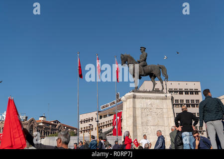 Ankara/Turkey- October 29 2018: People with Turkish flag near 'Statue of Mustafa Kemal Ataturk' in Ulus during 29 October Republic Day celebration of  Stock Photo