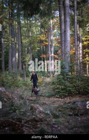 young woman hiking through forest with a boxer dog at her side Stock Photo