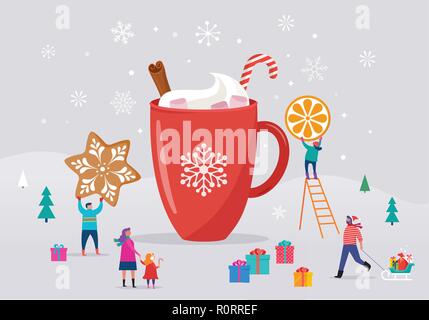 Merry Christmas, winter scene with a big cocoa mug and small people, young men and women, families having fun in snow, skiing, snowboarding, sledding, ice skating Stock Vector