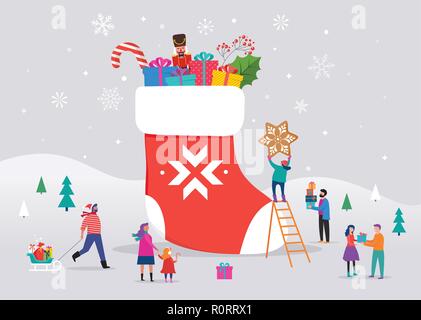 Merry Christmas, winter scene with a big red sock with gift boxes and small people, young men and women, families having fun in snow, skiing, snowboarding, sledding, ice skating Stock Vector