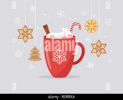 Merry Christmas, winter scene with a big cocoa mug and homemade gingerbread, vector concept illustration Stock Vector