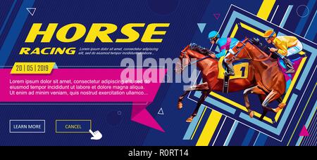 Banner. Universal template for a web site with text, buttons. Jockey on horse. Horse racing. Hippodrome. Racetrack. Jump racetrack. Horse riding. Vector illustration Stock Vector