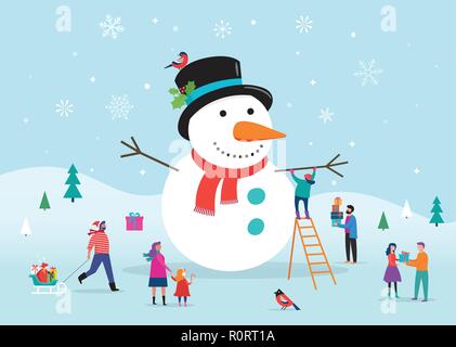 Merry Christmas card, background, bannner with a huge snowman and small people, young men and women, families having fun in snow Stock Vector