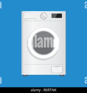 Washing machine isolated on blue background. Front view. Modern, realistic vector illustration of home appliances. Stock Vector