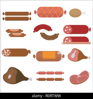 Vector meat products. Beef, sirloin, ham, chicken, jamon, bacon, Sauvage, frankfurter. Drawings on the theme of food in cartoon style. Stock Vector